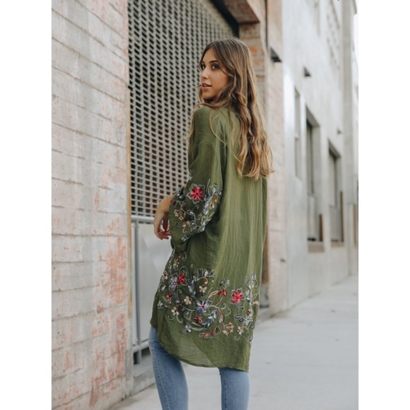 LONG OPEN FRONT OLIVE BOHEMIAN FLORAL CARDIGAN KIMONO - Picture 3 of 3